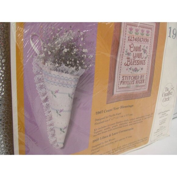 NEW The Creative Circle Cross Stitch Kit 9" Lilacs & Lace Cornucopia ACOC #1966 - Picture 9 of 11